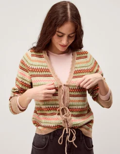 Fran Front Tie Fair Isle Cardigan Natural