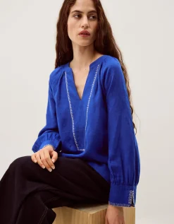Frida V-Neck Linen Blouse Blue