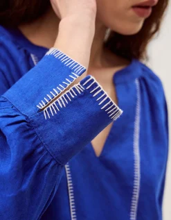Frida V-Neck Linen Blouse Blue