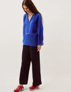 Frida V-Neck Linen Blouse Blue