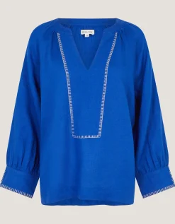 Frida V-Neck Linen Blouse Blue