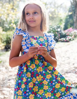 Frugi Audrey Floral Print Frill Dress Blue