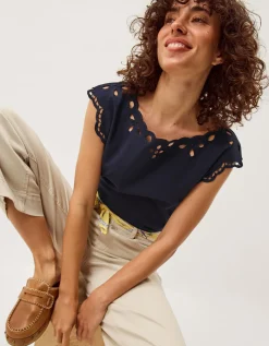 Gaia Floral Cutwork Top Blue