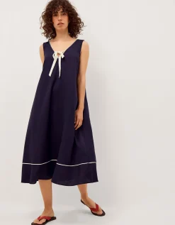 Gigi Bow Linen Blend Midi Dress Blue