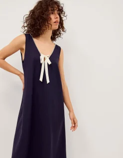 Gigi Bow Linen Blend Midi Dress Blue