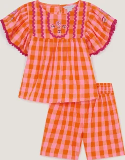 Gingham Print Top & Shorts Set Orange