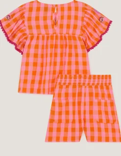 Gingham Print Top & Shorts Set Orange