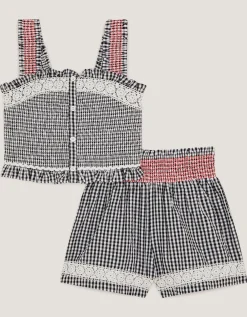 Gingham Shirred Tank & Shorts Set Black