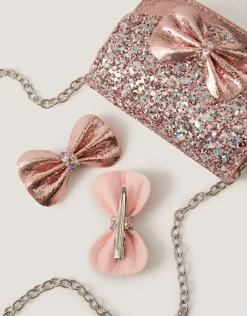 Glitter Bow Bag & Hair Clips Set
