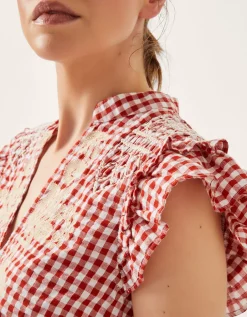 Greta Embroidered Gingham Top Red