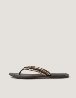 Harper Beaded Leather Flip Flops Black