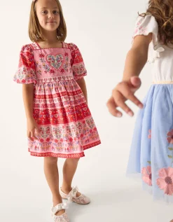 Heart Embroidered Floral Print Dress Pink