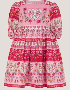 Heart Embroidered Floral Print Dress Pink
