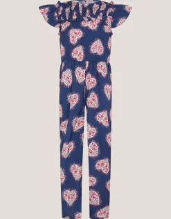 Heart Print Smock Jumpsuit Blue