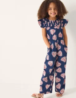 Heart Print Smock Jumpsuit Blue
