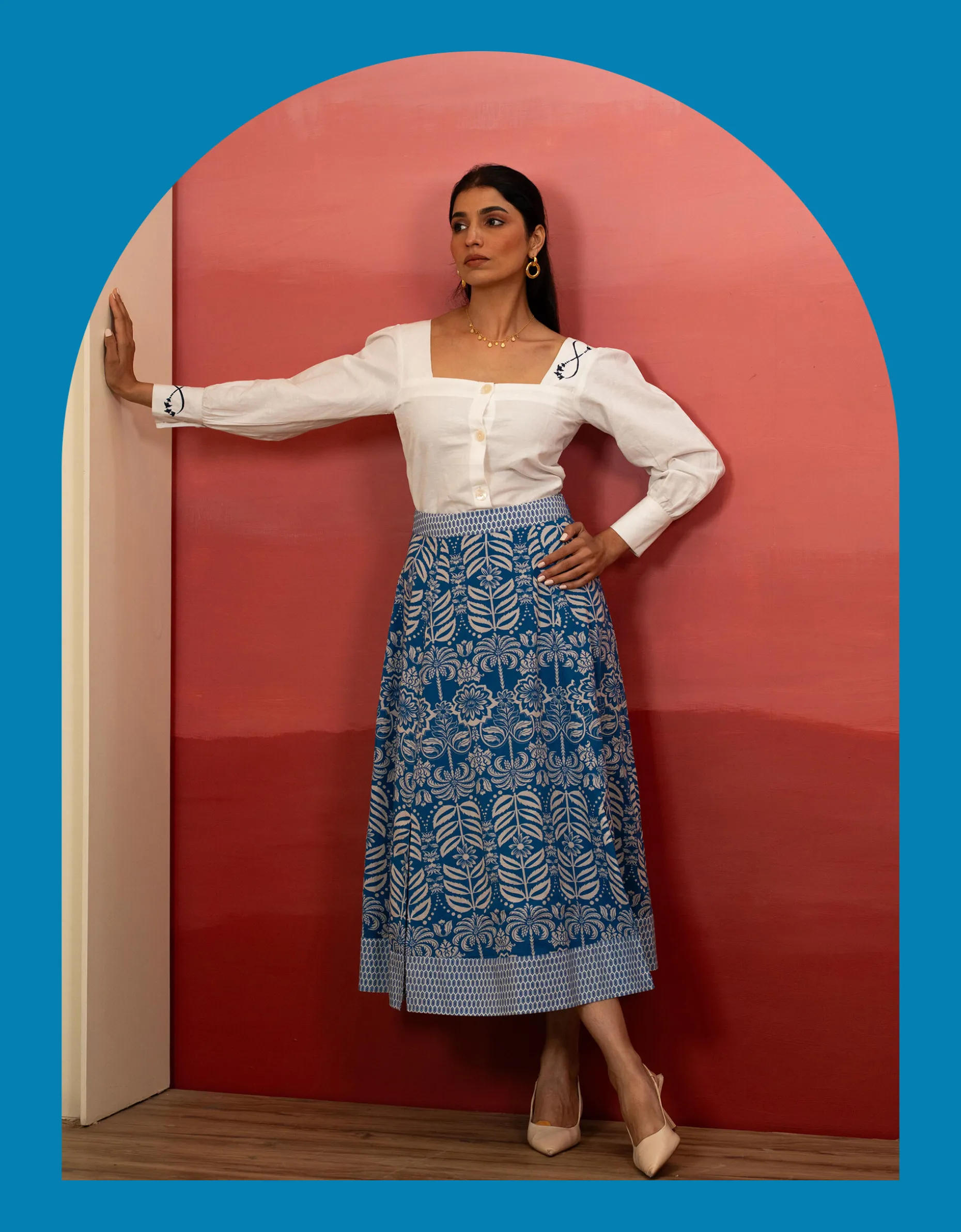 India & Mills Amanda Tropic Midi Skirt Blue