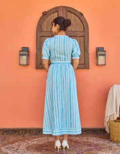 India & Mills Katie Stripe Midi Dress Blue