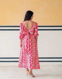India & Mills Lottie Poppy Print Midi Dress Pink