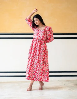 India & Mills Lottie Poppy Print Midi Dress Pink
