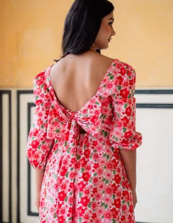 India & Mills Lottie Poppy Print Midi Dress Pink