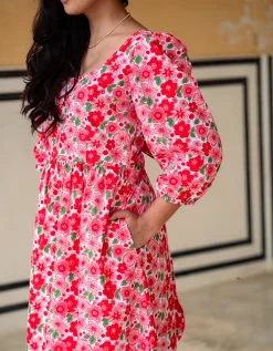 India & Mills Lottie Poppy Print Midi Dress Pink