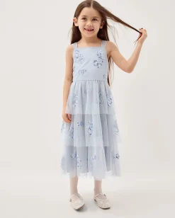 Ingrid Floral Sequin Tiered Party Dress Blue
