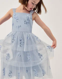 Ingrid Floral Sequin Tiered Party Dress Blue