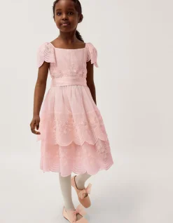 Isabel Lace Scallop Tiered Party Dress Pink