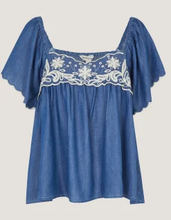 Isla Short Sleeve Embroidered Denim Top Blue