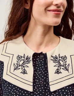 Ivy Embroidered Collar Polka Dot Blouse Blue