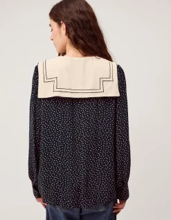 Ivy Embroidered Collar Polka Dot Blouse Blue