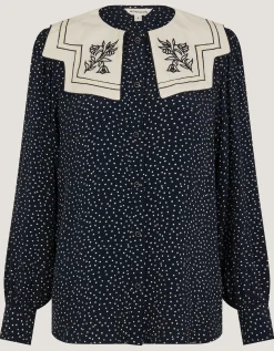 Ivy Embroidered Collar Polka Dot Blouse Blue
