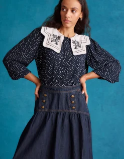 Ivy Embroidered Collar Polka Dot Blouse Blue