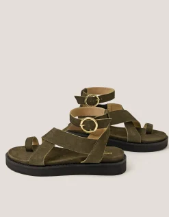 Ivy Toe Strap Crossover Suede Sandals Green