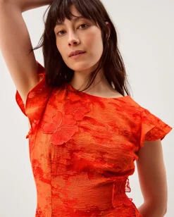 Josie Jacquard Floral Midi Dress Orange
