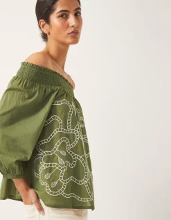 Julie Embroidered Bardot Top Green