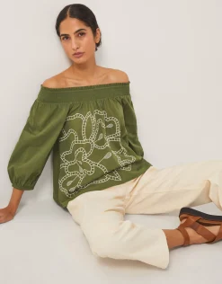Julie Embroidered Bardot Top Green
