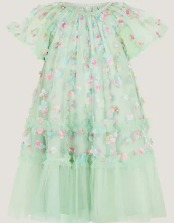 Kala Floral Appliqué Party Dress Green