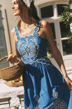 Keira Embroidered Midi Dress Blue