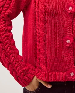 Kelly Flower Button Cable Knit Cardigan Red