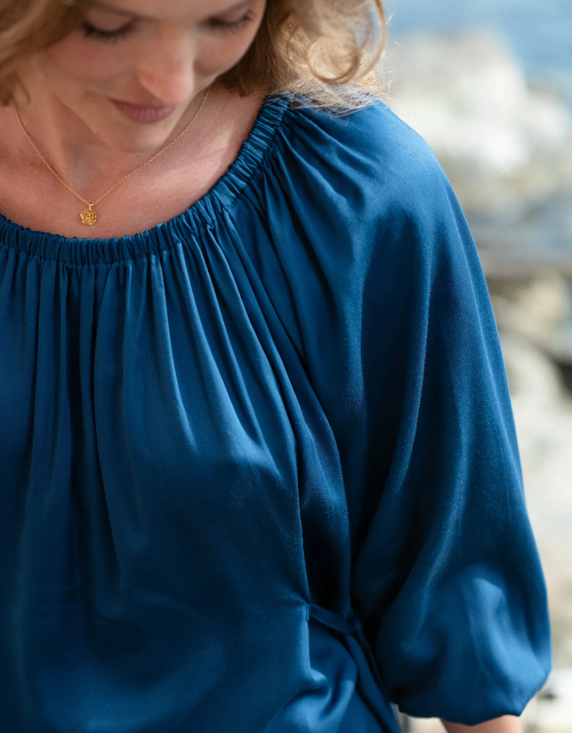 La Galeria Elefante Buddha Balloon Sleeve Top Blue