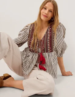 Laila Embellished Print Blouse Ivory