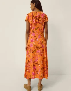 Leila Floral Print Midi Dress Orange