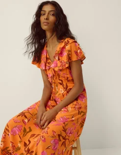 Leila Floral Print Midi Dress Orange
