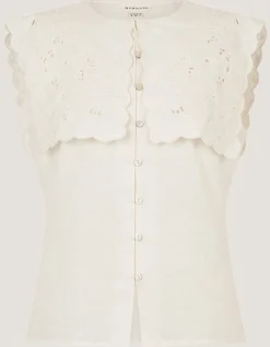 Lexi Sleeveless Embroidered Linen Blend Top Ivory