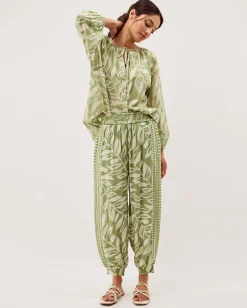Lillie Leaf Print Balloon Trousers Green