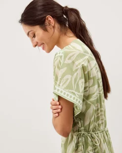 Lillie V-Neck Leaf Print Midi Dress Green
