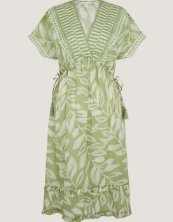 Lillie V-Neck Leaf Print Midi Dress Green