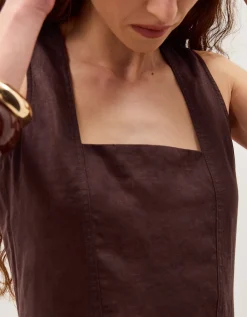 Lily Square Neck Linen Midi Dress Brown