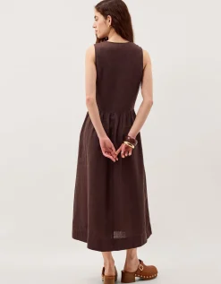 Lily Square Neck Linen Midi Dress Brown